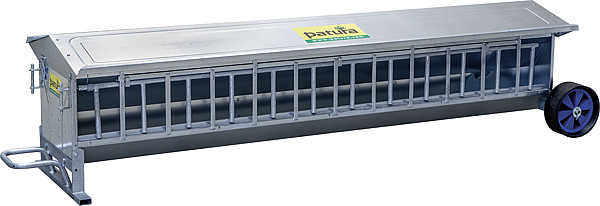 Lämmer-Futterautomat, L= 2,44 m, fahrbar  Inhalt ca. 240 ltr., mit Dach, verzinkt